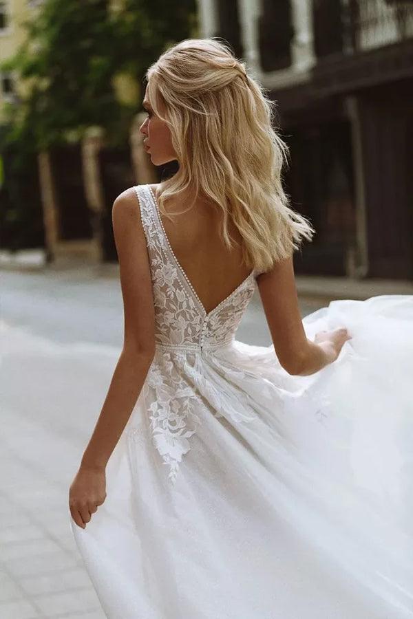 Elegant A-line V Neck Lace Beach Wedding Dresses Bridal Gown