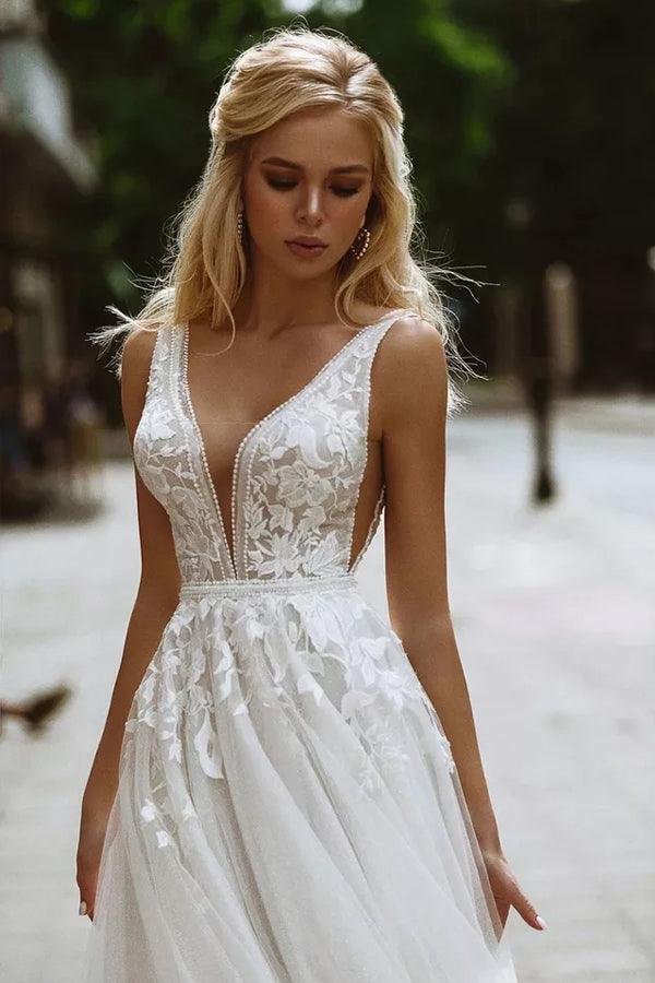 Elegant A-line V Neck Lace Beach Wedding Dresses Bridal Gown