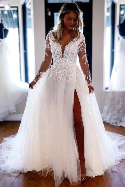 Elegante A-Linie V-Ausschnitt Spitze Lange Ärmel Brautkleider