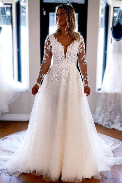 Elegante A-Linie V-Ausschnitt Spitze Lange Ärmel Brautkleider