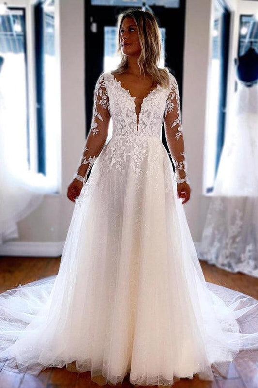Elegante A-Linie V-Ausschnitt Spitze Lange Ärmel Brautkleider