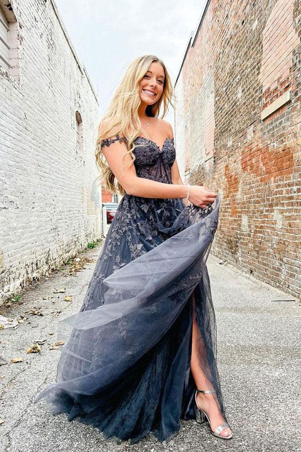 Elegante abito lungo da sera a linea ad A con scollo a cuore, tulle e pizzo, spalle scoperte