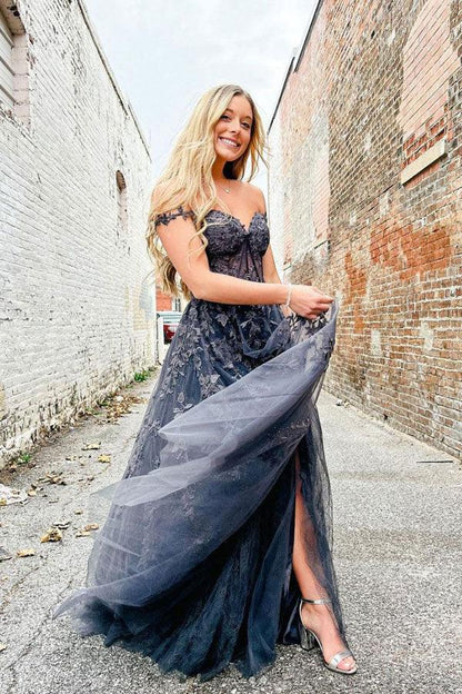Elegante vestido de fiesta largo con escote en forma de A, de tul, encaje y hombros descubiertos
