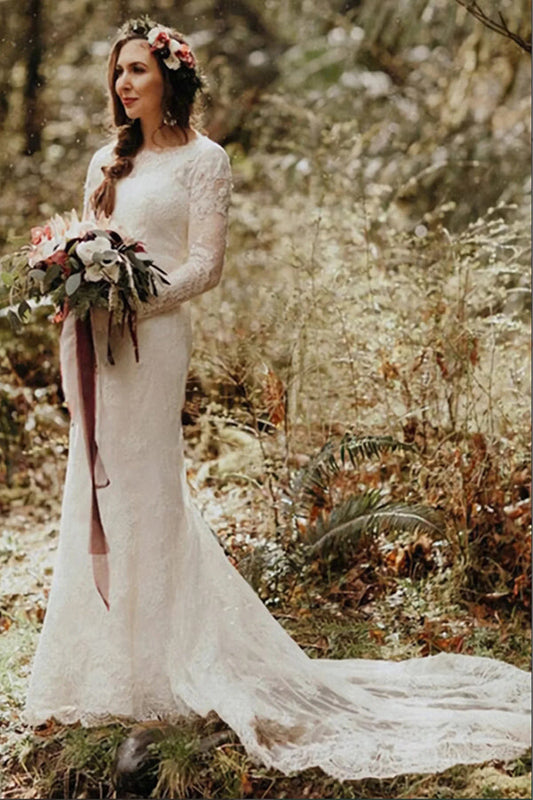 Elegante Spitze Meerjungfrau Rundhals Langarm Brautkleider