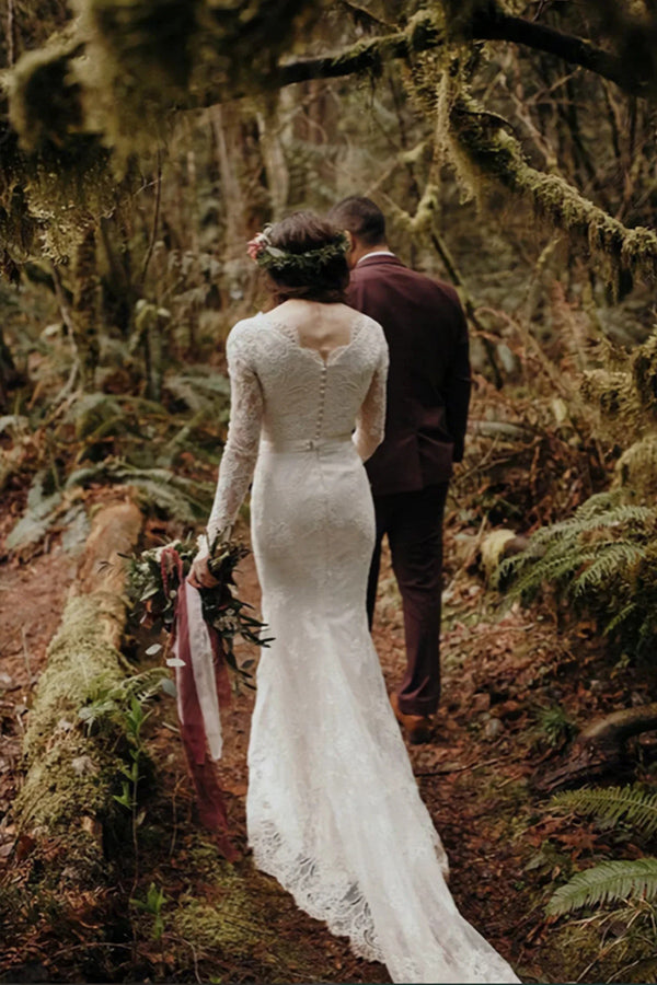 فساتين زفاف أنيقة بدانتيل على شكل حورية البحر بياقة دائرية وأكمام طويلة