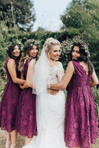 Elegantes Brautjungfernkleid mit Spitzen-V-Ausschnitt, tea-länge, A-Linie BD094