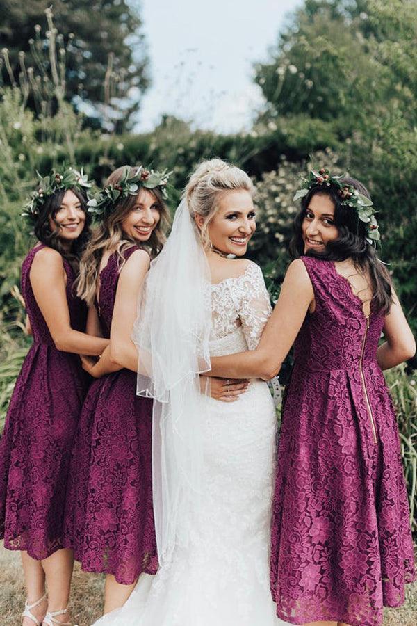 Abito da damigella elegante in pizzo con scollo a V, lunghezza tè, linea a trapezio BD094