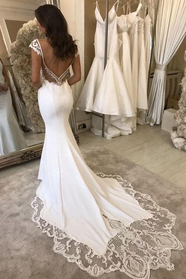 Elegante vestido de novia de satén con escote en V y mangas cortas de sirena con apliques de encaje
