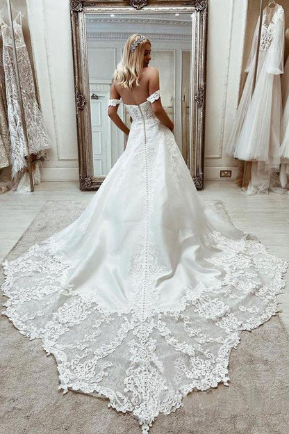 Elegante schulterfreie A-Linien-Brautkleider aus Satin mit Applikationen