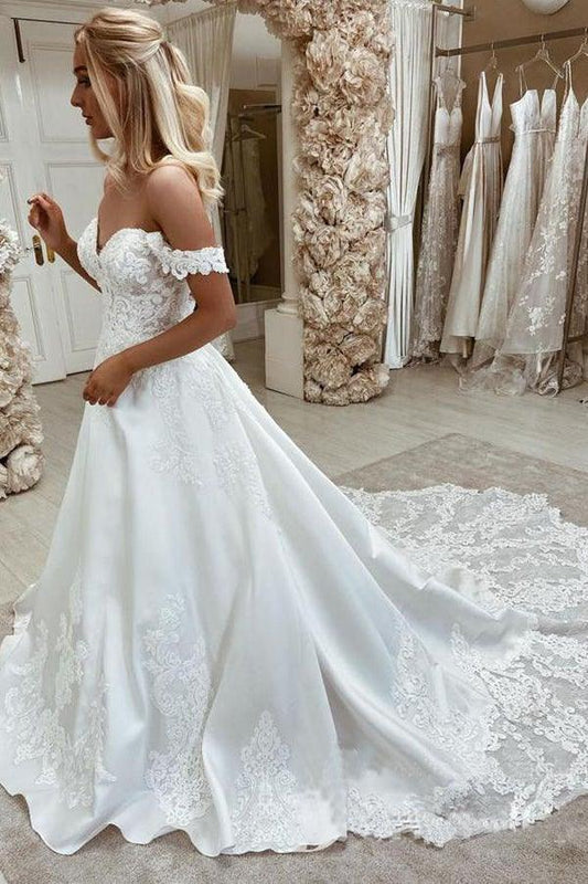 Elegante schulterfreie A-Linien-Brautkleider aus Satin mit Applikationen