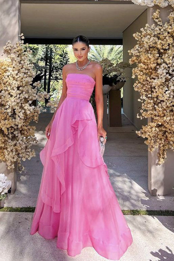Eleganti abiti da sera lunghi rosa a strati senza spalline