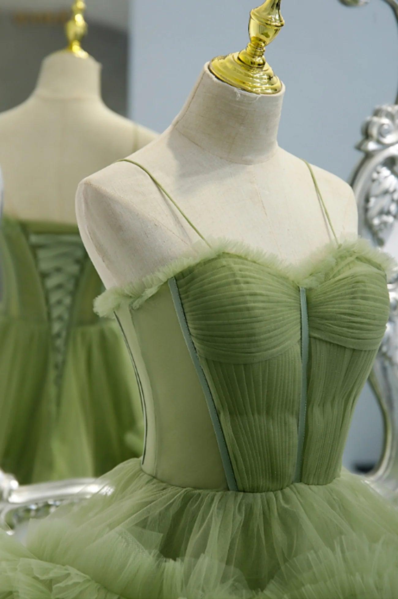 Abito elegante da cerimonia in tulle verde a balze plissettate con spalline PSK417