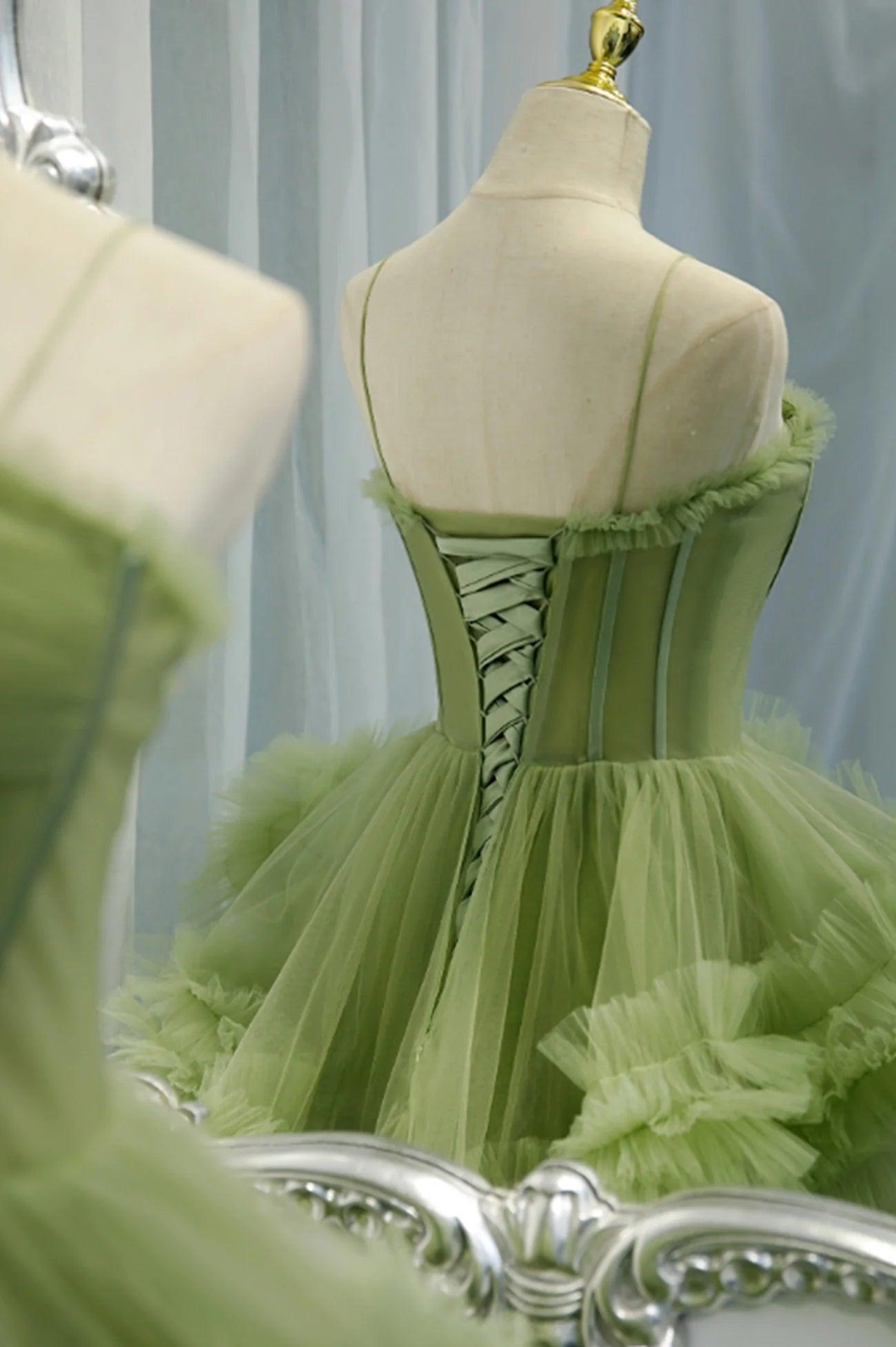 Abito elegante da cerimonia in tulle verde a balze plissettate con spalline PSK417
