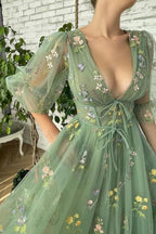 Abito elegante verde tè con maniche a metà lunghezza Abito corto per il ritorno a casa