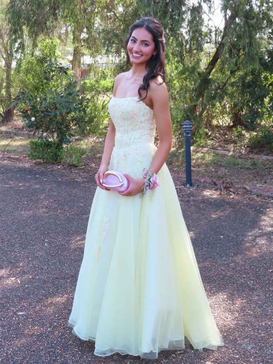 Pale Yellow Strapless A Line Prom Dress With Lace Appliques
