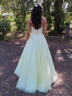 Pale Yellow Strapless A Line Prom Dress With Lace Appliques