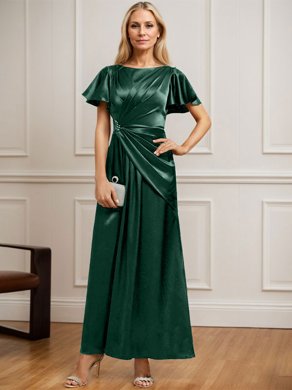 Robe de mère de la mariée en satin extensible, longueur cheville, en ligne A, décolleté arrondi, ornée de perles plissées