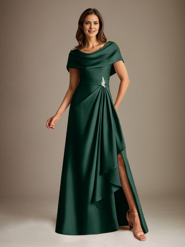 Robe de mère de la mariée en satin extensible, longueur au sol, coupe en A avec encolure dégagée et volants en cascade