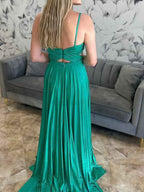 Emerald Green A Line Spaghetti Strap Pleated Long Evening Gown
