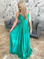 Emerald Green A Line Spaghetti Strap Pleated Long Evening Gown
