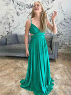 Emerald Green A Line Spaghetti Strap Pleated Long Evening Gown