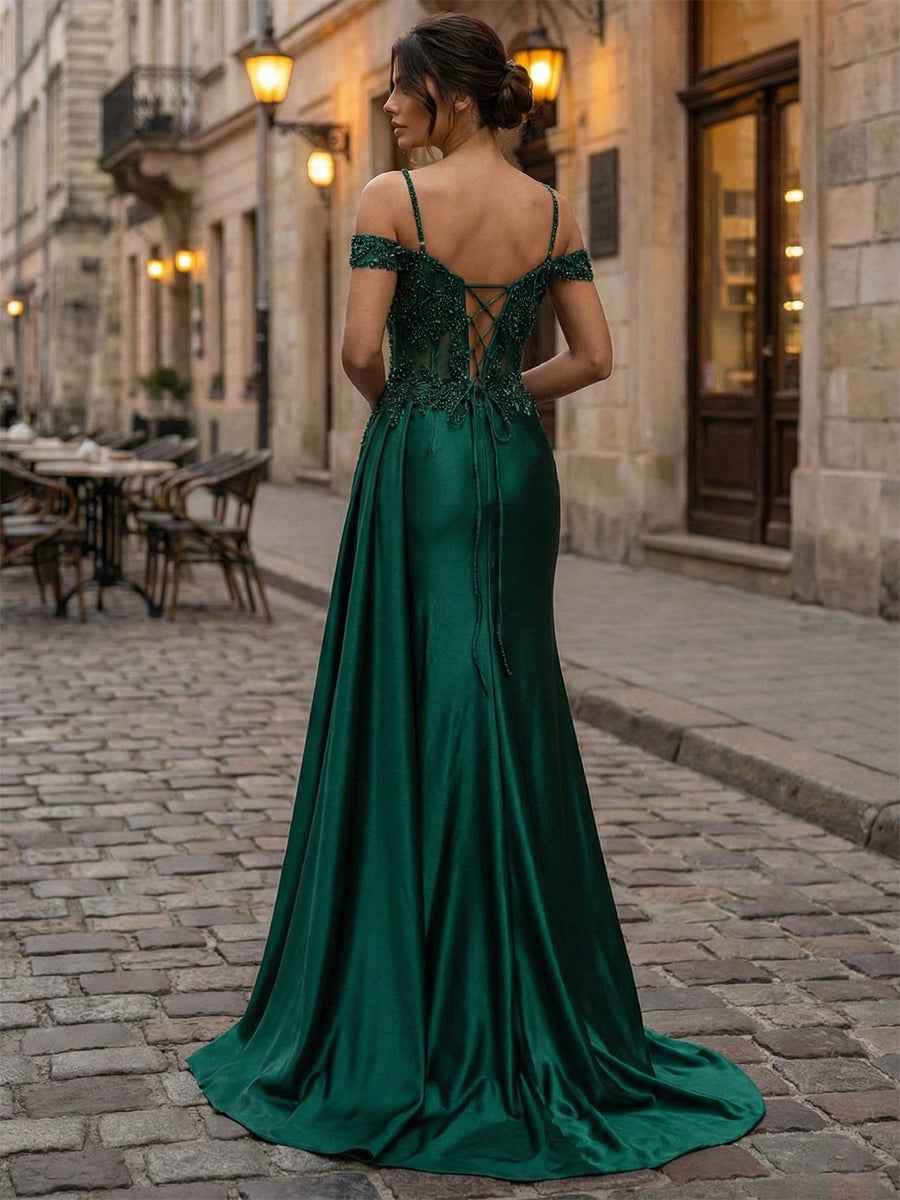 Emerald Green Beaded Satin Corset Long Prom Dress With Sheer Bodice