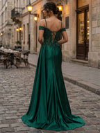 Emerald Green Beaded Satin Corset Long Prom Dress With Sheer Bodice