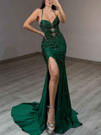 Emerald Green Sequin Prom Dress With Cutouts And Slit