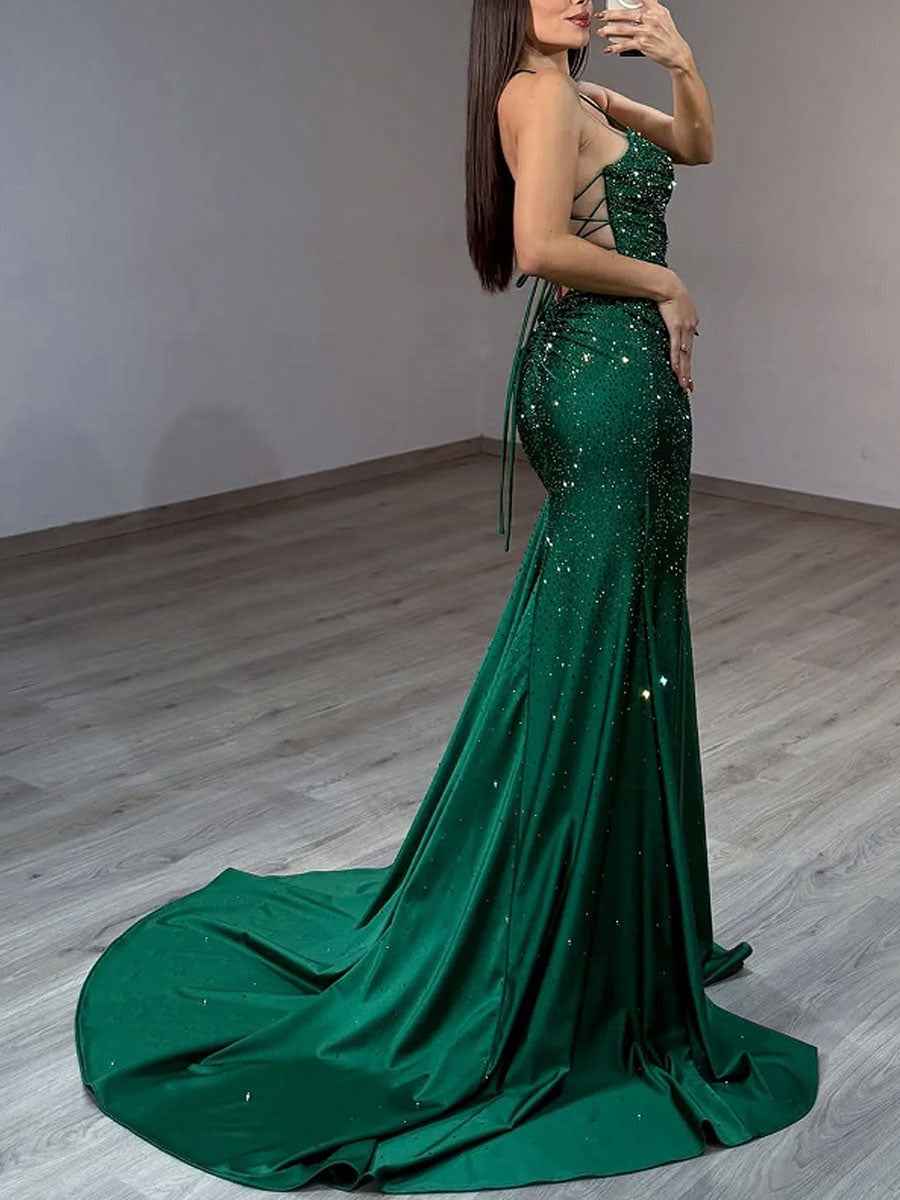 Emerald Green Sequin Prom Dress With Cutouts And Slit
