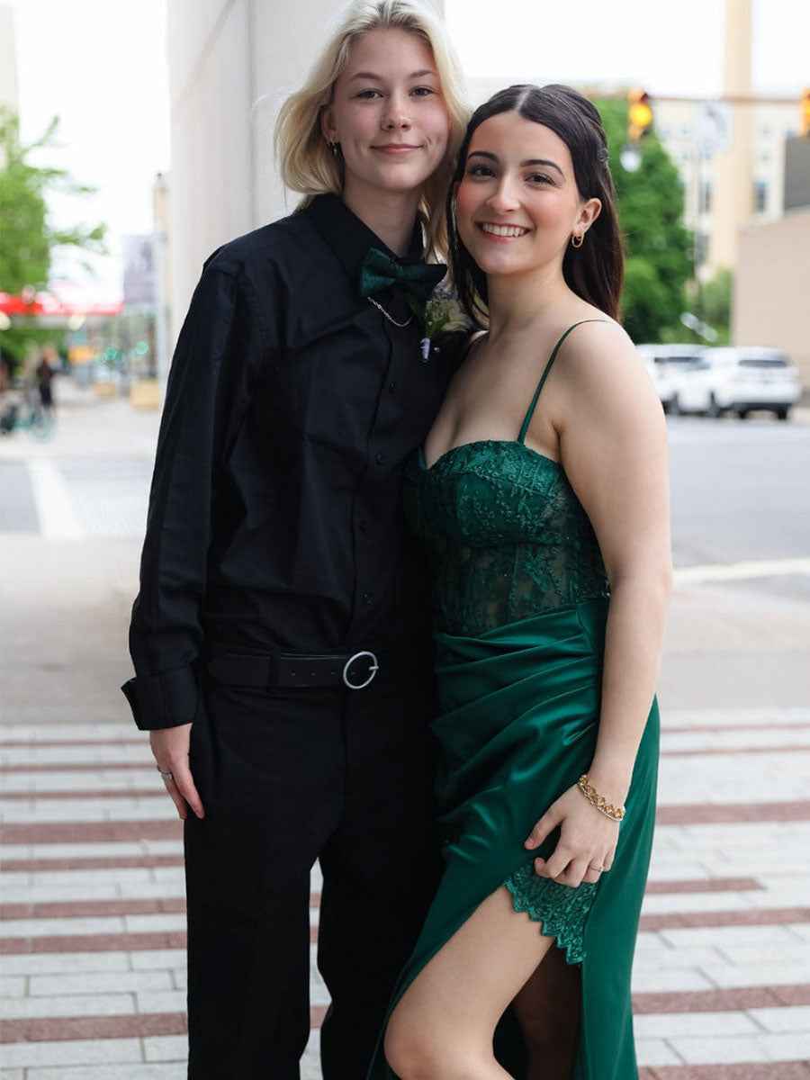 Emerald Green Lace Mermaid Long Prom Dress With Slit And Satin Skirt