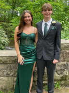 Emerald Green Lace Mermaid Long Prom Dress With Slit And Satin Skirt