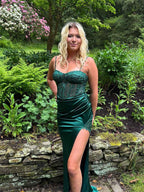 Emerald Green Lace Mermaid Long Prom Dress With Slit And Satin Skirt