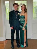 Emerald Green Lace Mermaid Long Prom Dress With Slit And Satin Skirt