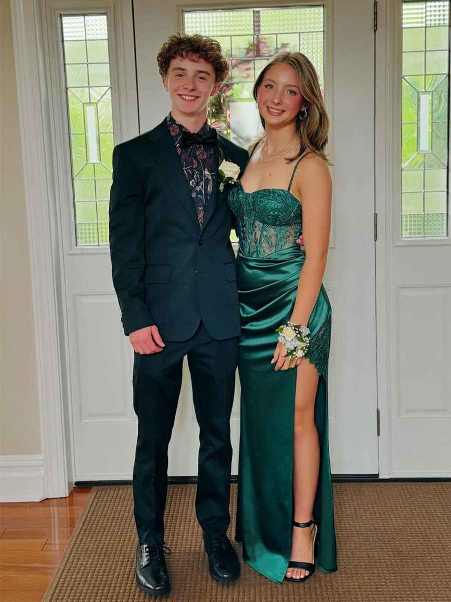 Emerald Green Lace Mermaid Long Prom Dress With Slit And Satin Skirt