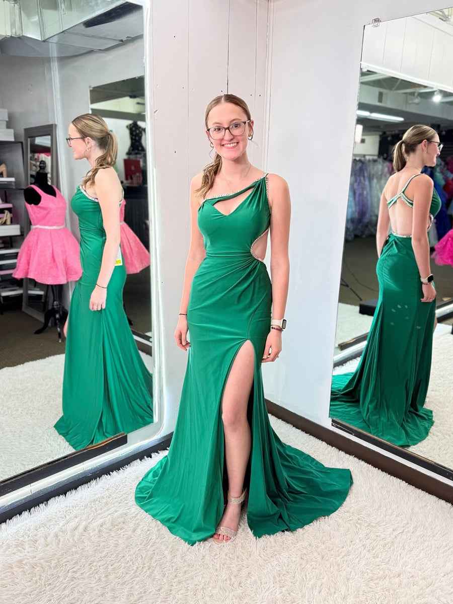 Emerald Green One Shoulder Cutout Prom Dress With Rhinestone Trim