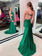 Emerald Green One Shoulder Cutout Prom Dress With Rhinestone Trim