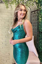 Emerald Green Sequins Sheath Cowl Neck Tight Short Homecoming Dresses