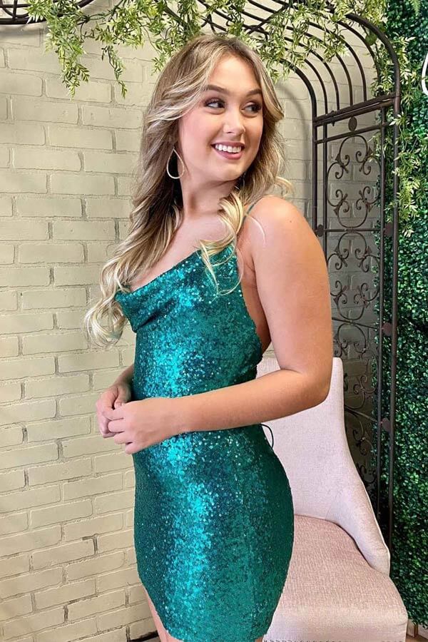 Emerald Green Sequins Sheath Cowl Neck Tight Short Homecoming Dresses