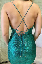 Emerald Green Sequins Sheath Cowl Neck Tight Short Homecoming Dresses