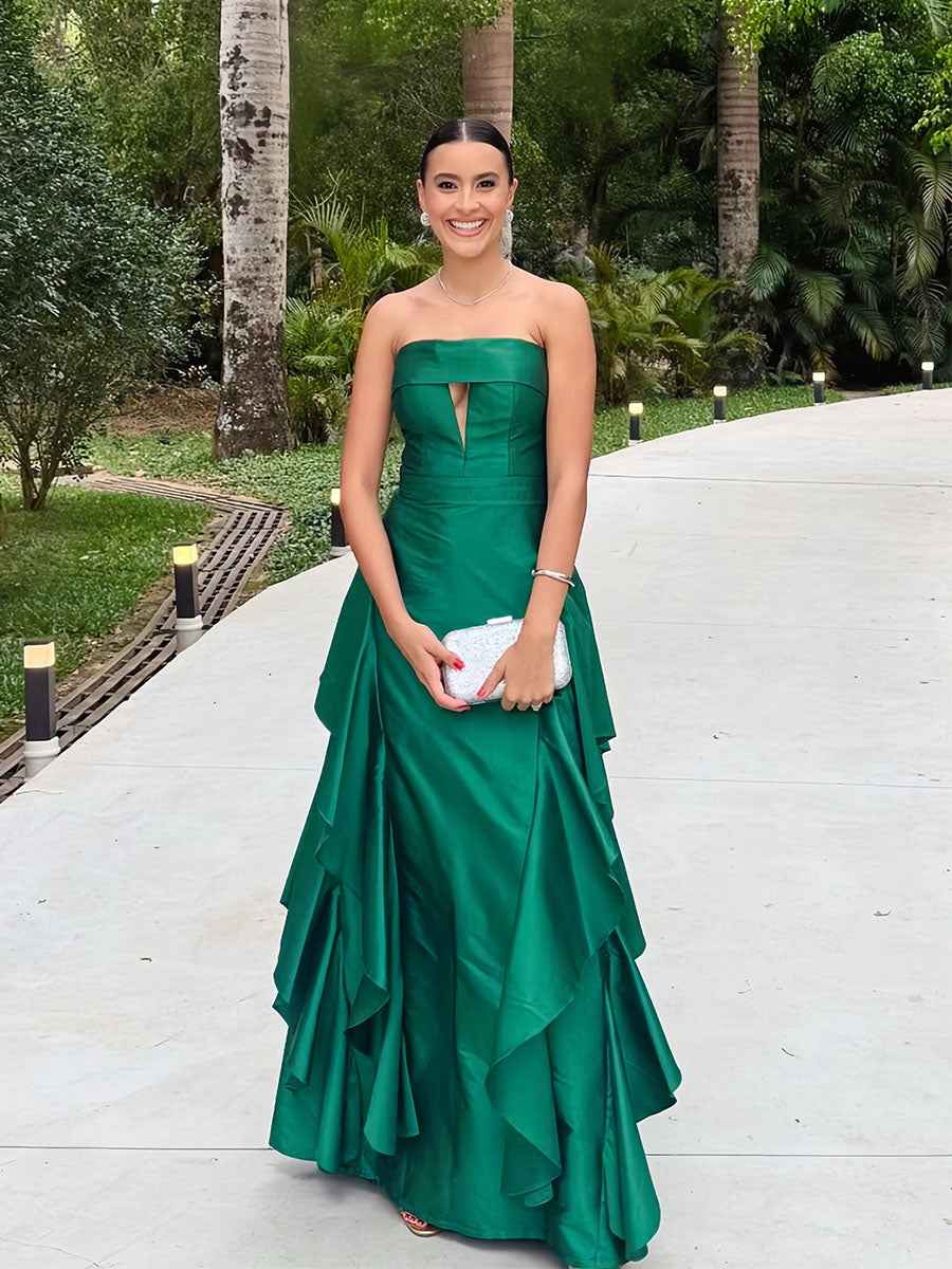 Emerald Green Strapless Satin Prom Dress Keyhole A-Line