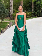 Emerald Green Strapless Satin Prom Dress Keyhole A-Line