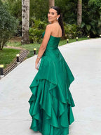 Emerald Green Strapless Satin Prom Dress Keyhole A-Line