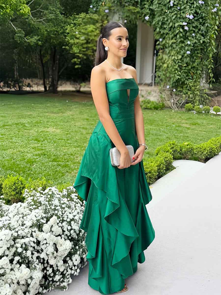 Emerald Green Strapless Satin Prom Dress Keyhole A-Line