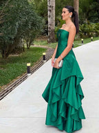 Emerald Green Strapless Satin Prom Dress Keyhole A-Line