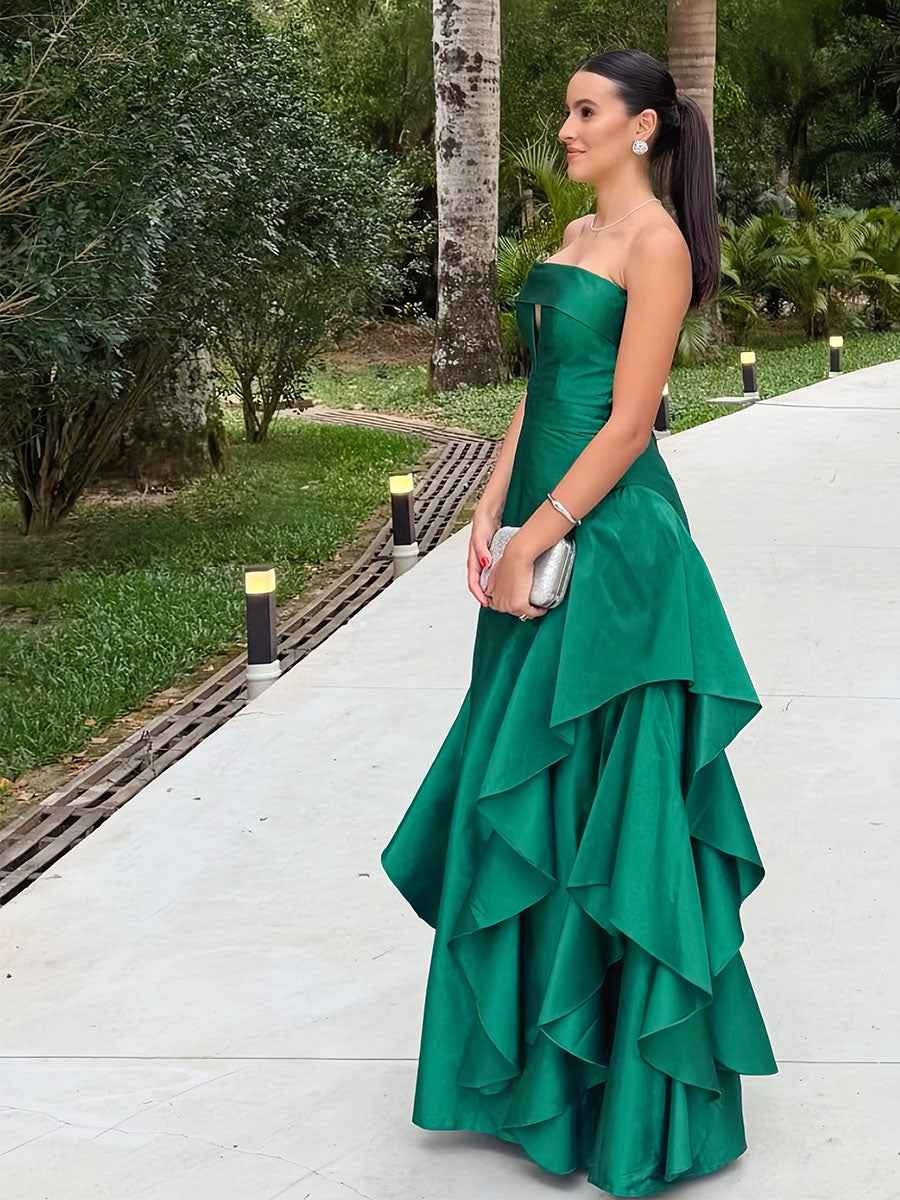 Emerald Green Strapless Satin Prom Dress Keyhole A-Line
