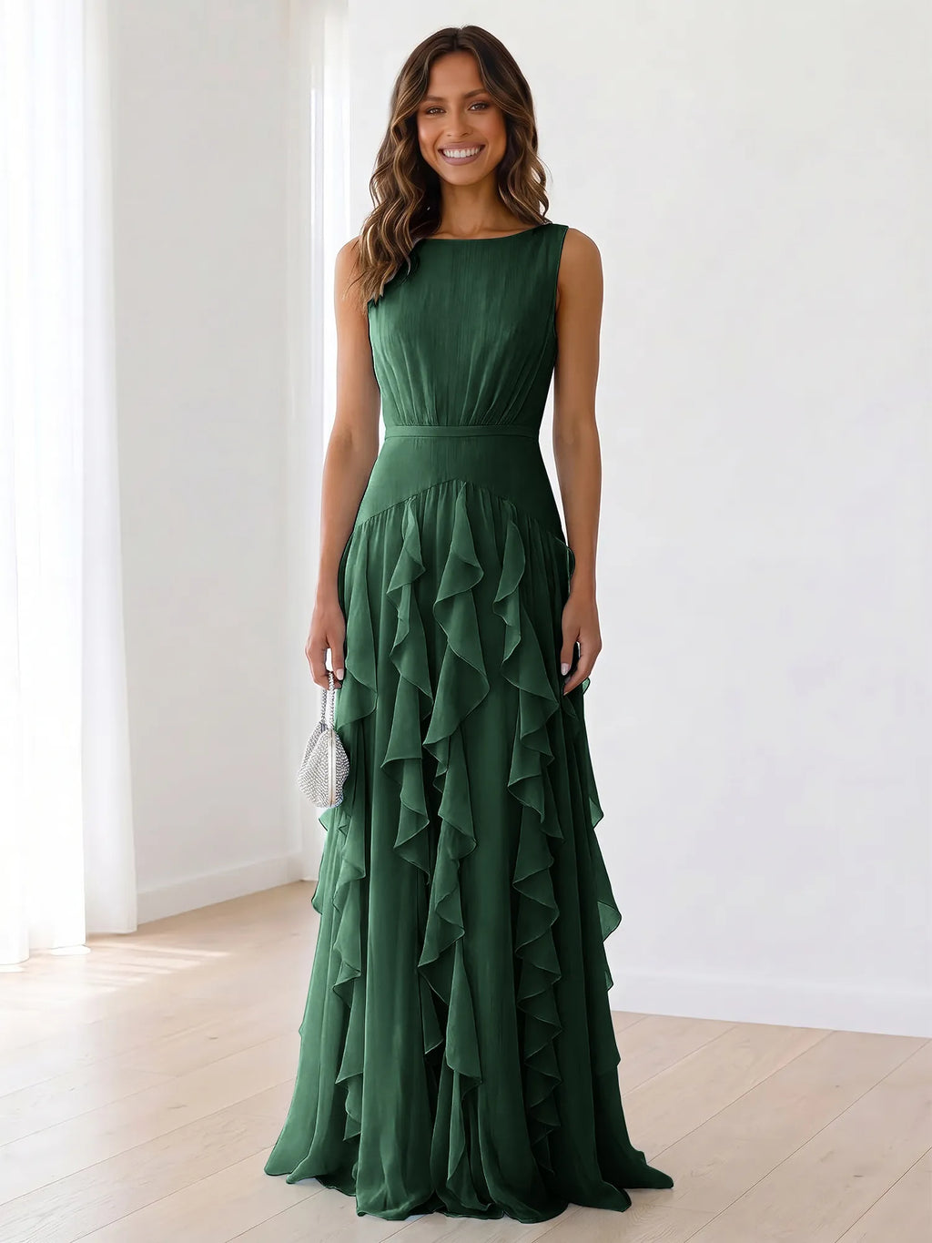 Sky Blue Tiered Chiffon Evening Maxi Dress With Ruched Bodice