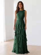 Sky Blue Tiered Chiffon Evening Maxi Dress With Ruched Bodice