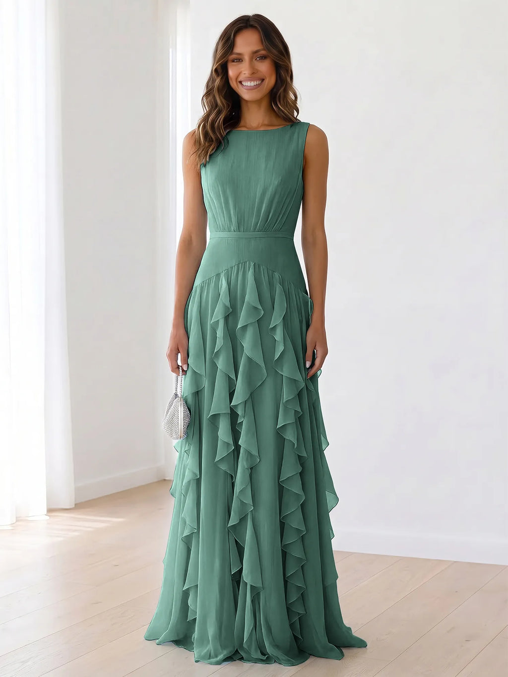 Sky Blue Tiered Chiffon Evening Maxi Dress With Ruched Bodice