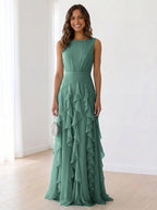 Sky Blue Tiered Chiffon Evening Maxi Dress With Ruched Bodice