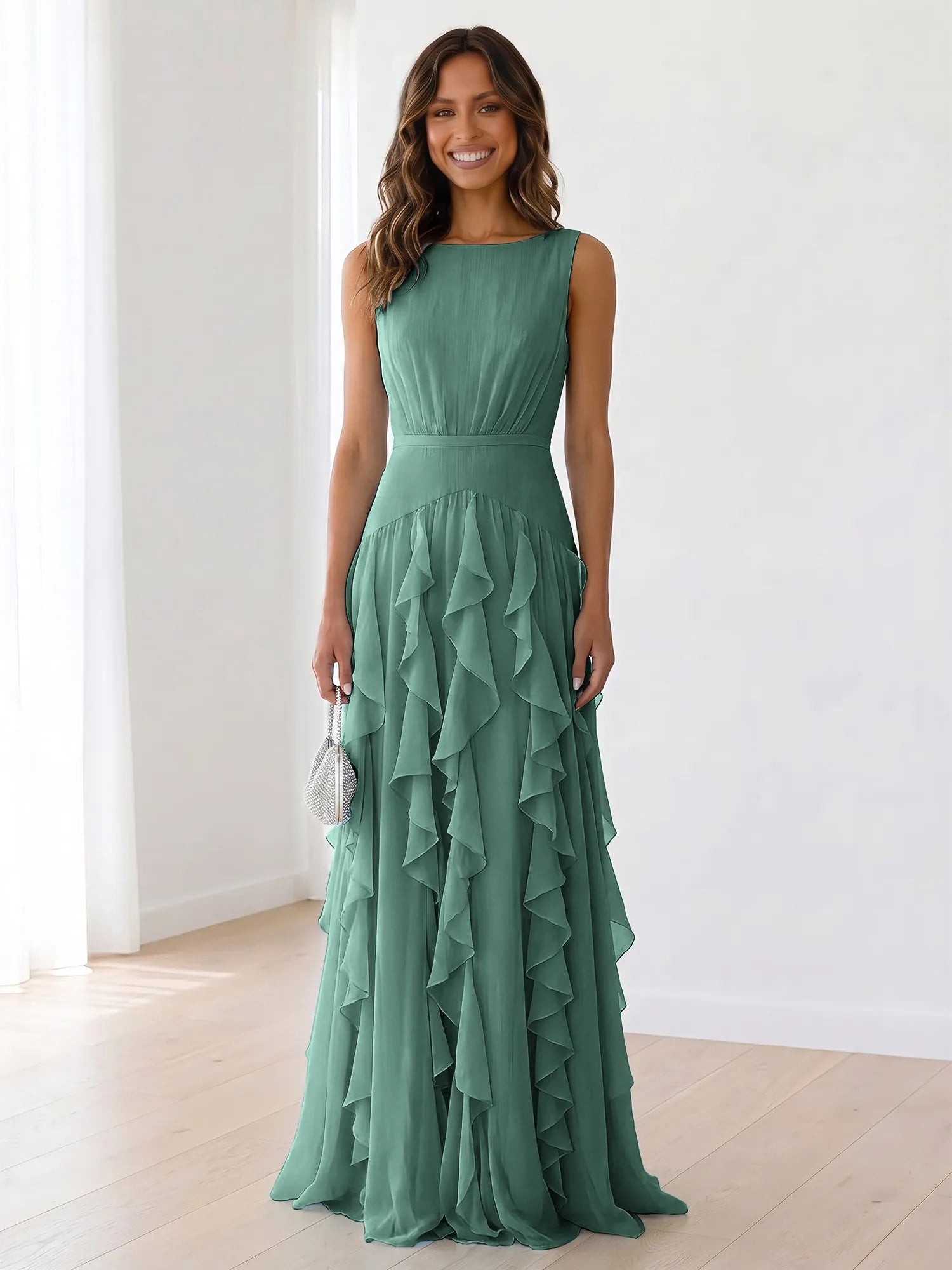 Sky Blue Tiered Chiffon Evening Maxi Dress With Ruched Bodice